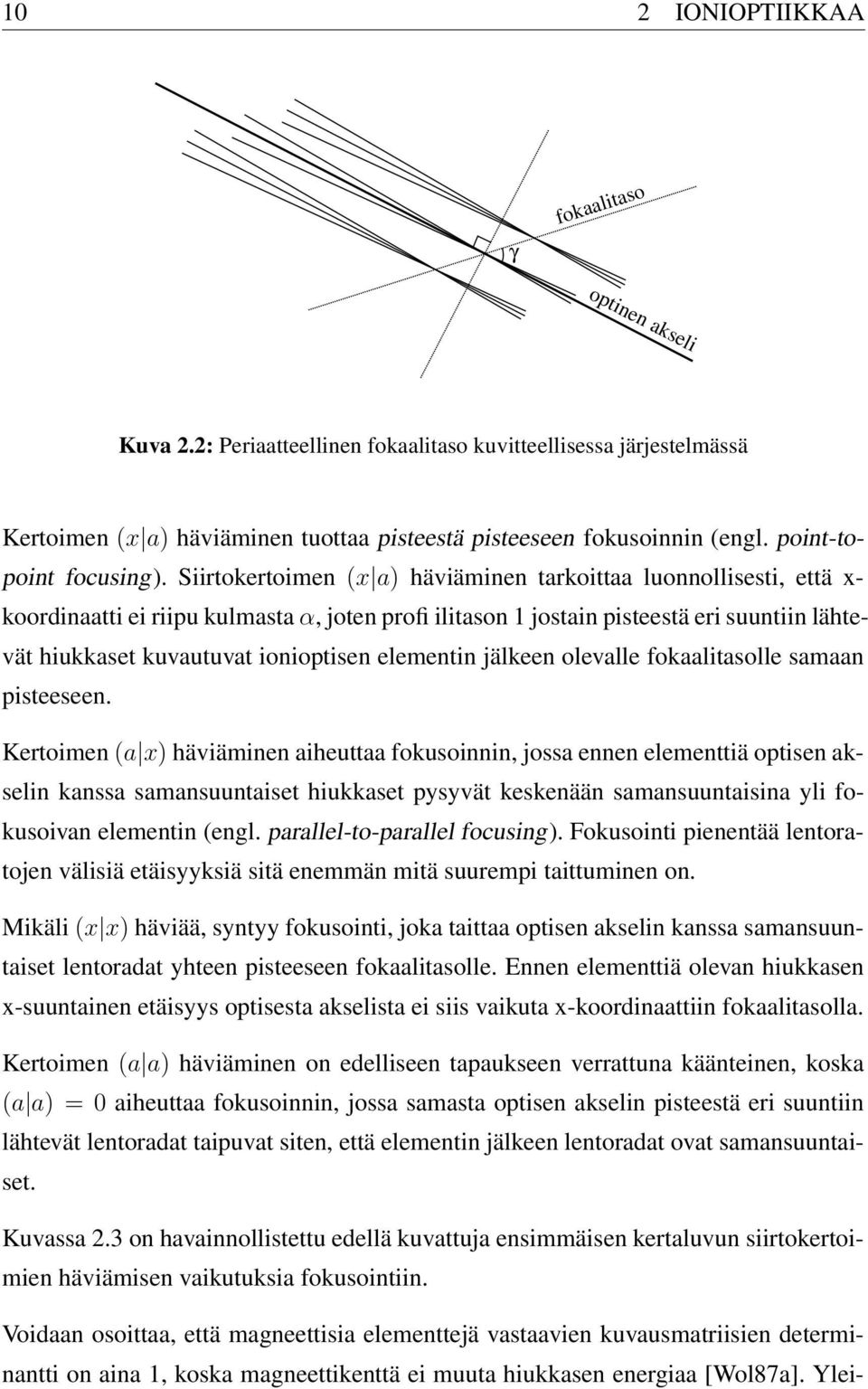 Siirtokertoimen (x a) häviäminen tarkoittaa luonnollisesti, että x- koordinaatti ei riipu kulmasta α, joten profiilitason 1 jostain pisteestä eri suuntiin lähtevät hiukkaset kuvautuvat ionioptisen