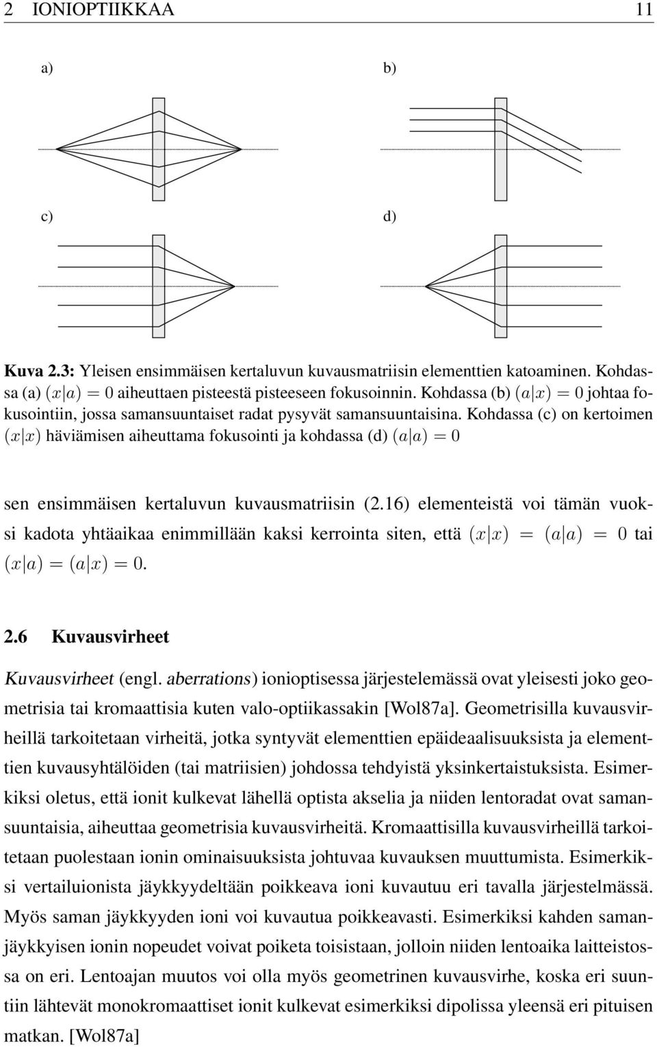 Kohdassa (c) on kertoimen (x x) häviämisen aiheuttama fokusointi ja kohdassa (d) (a a) = 0 sen ensimmäisen kertaluvun kuvausmatriisin (2.