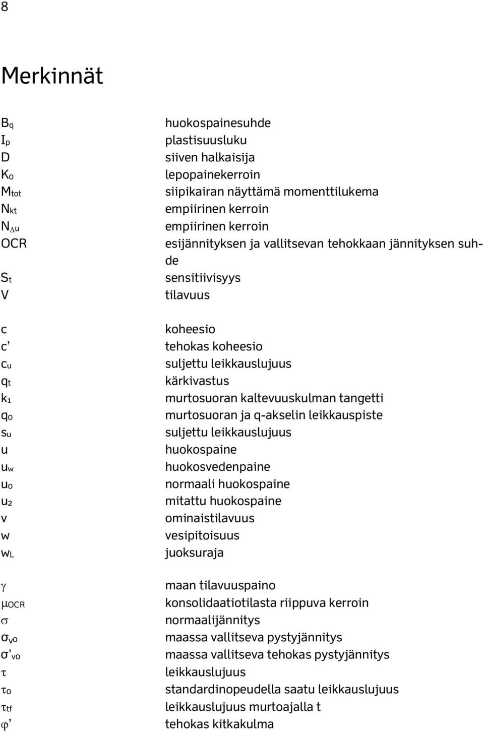 murtosuoran ja q-akselin leikkauspiste su suljettu leikkauslujuus u huokospaine uw huokosvedenpaine u0 normaali huokospaine u2 mitattu huokospaine v ominaistilavuus w vesipitoisuus wl juoksuraja γ