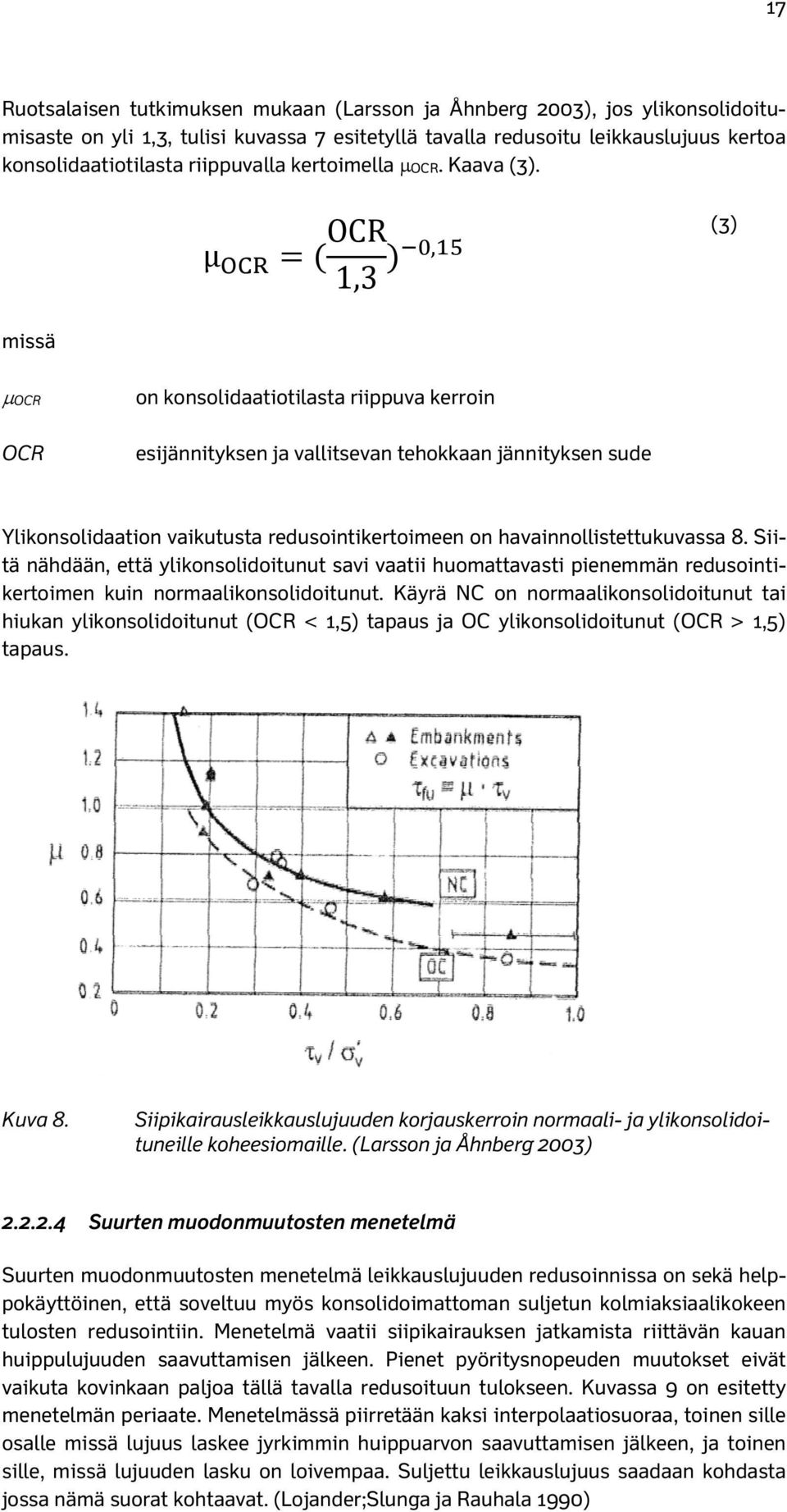 µ OCR OCR 1,3, (3) missä μocr on konsolidaatiotilasta riippuva kerroin OCR esijännityksen ja vallitsevan tehokkaan jännityksen sude Ylikonsolidaation vaikutusta redusointikertoimeen on
