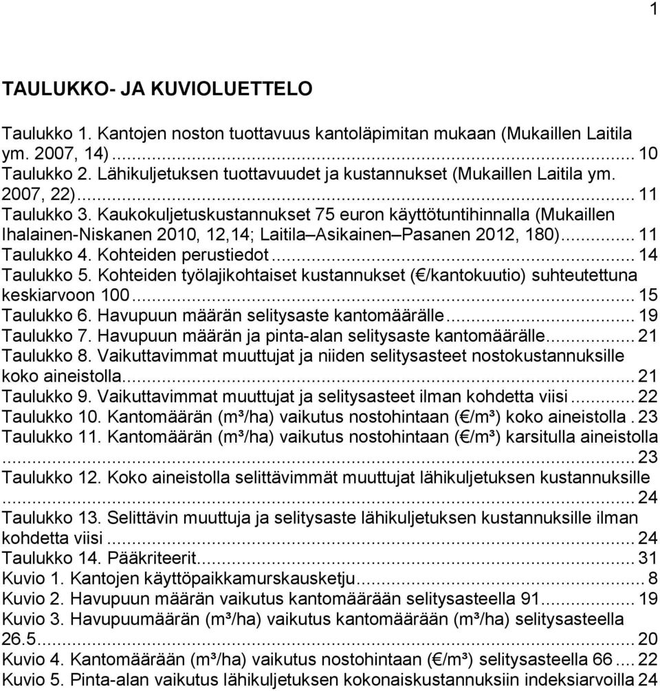 Kaukokuljetuskustannukset 75 euron käyttötuntihinnalla (Mukaillen Ihalainen-Niskanen 2010, 12,14; Laitila Asikainen Pasanen 2012, 180)... 11 Taulukko 4. Kohteiden perustiedot... 14 Taulukko 5.