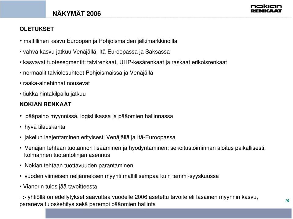 tilauskanta NÄKYMÄT 2006 jakelun laajentaminen erityisesti Venäjällä ja Itä-Euroopassa Venäjän tehtaan tuotannon lisääminen ja hyödyntäminen; sekoitustoiminnan aloitus paikallisesti, kolmannen