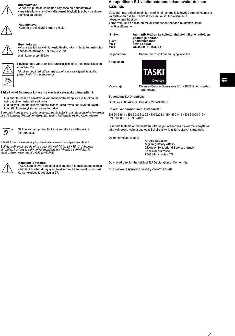 0) Käytä konetta vain tasaisilla lattioilla ja lattioilla, joiden kallistus on enintään 2%. Tämä symboli tarkoittaa, että konetta ei saa käyttää lattioilla, joiden kallistus on suurempi. Tärkeä ohje!