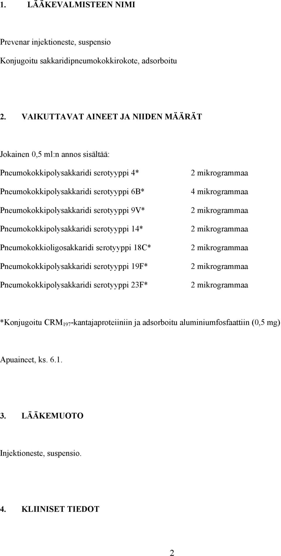 serotyyppi 9V* Pneumokokkipolysakkaridi serotyyppi 14* Pneumokokkioligosakkaridi serotyyppi 18C* Pneumokokkipolysakkaridi serotyyppi 19F* Pneumokokkipolysakkaridi serotyyppi 23F* 2