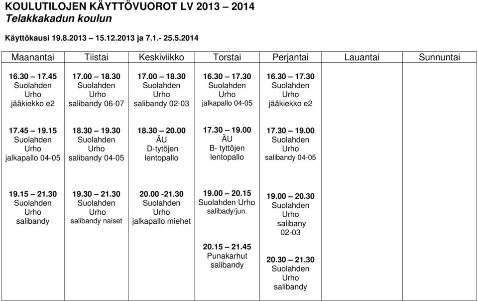 15 jalkapallo 04-05 18.30 19.30 04-05 D-tytöjen 17.30 19.00 B- tyttöjen 17.30 19.00 04-05 19.