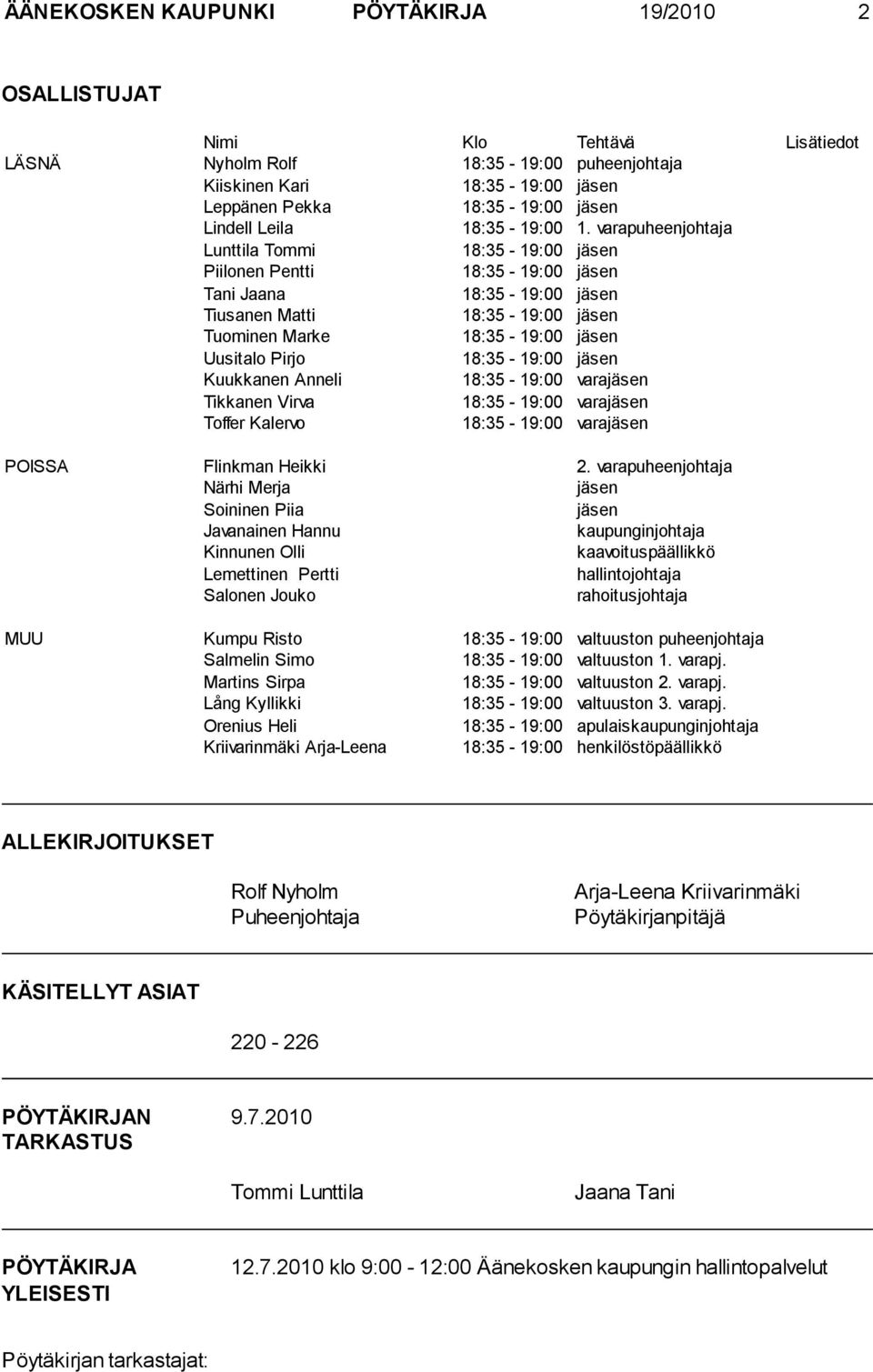 varapuheenjohtaja Lunttila Tommi 18:35-19:00 jäsen Piilonen Pentti 18:35-19:00 jäsen Tani Jaana 18:35-19:00 jäsen Tiusanen Matti 18:35-19:00 jäsen Tuominen Marke 18:35-19:00 jäsen Uusitalo Pirjo