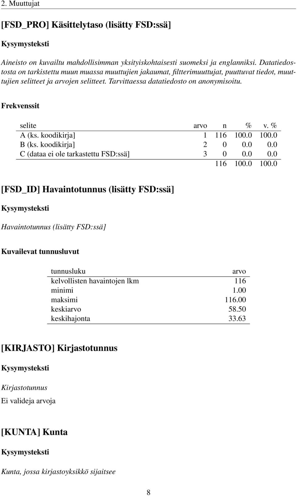 Tarvittaessa datatiedosto on anonymisoitu. A (ks. koodikirja] 1 B (ks. koodikirja] 2 0 0.