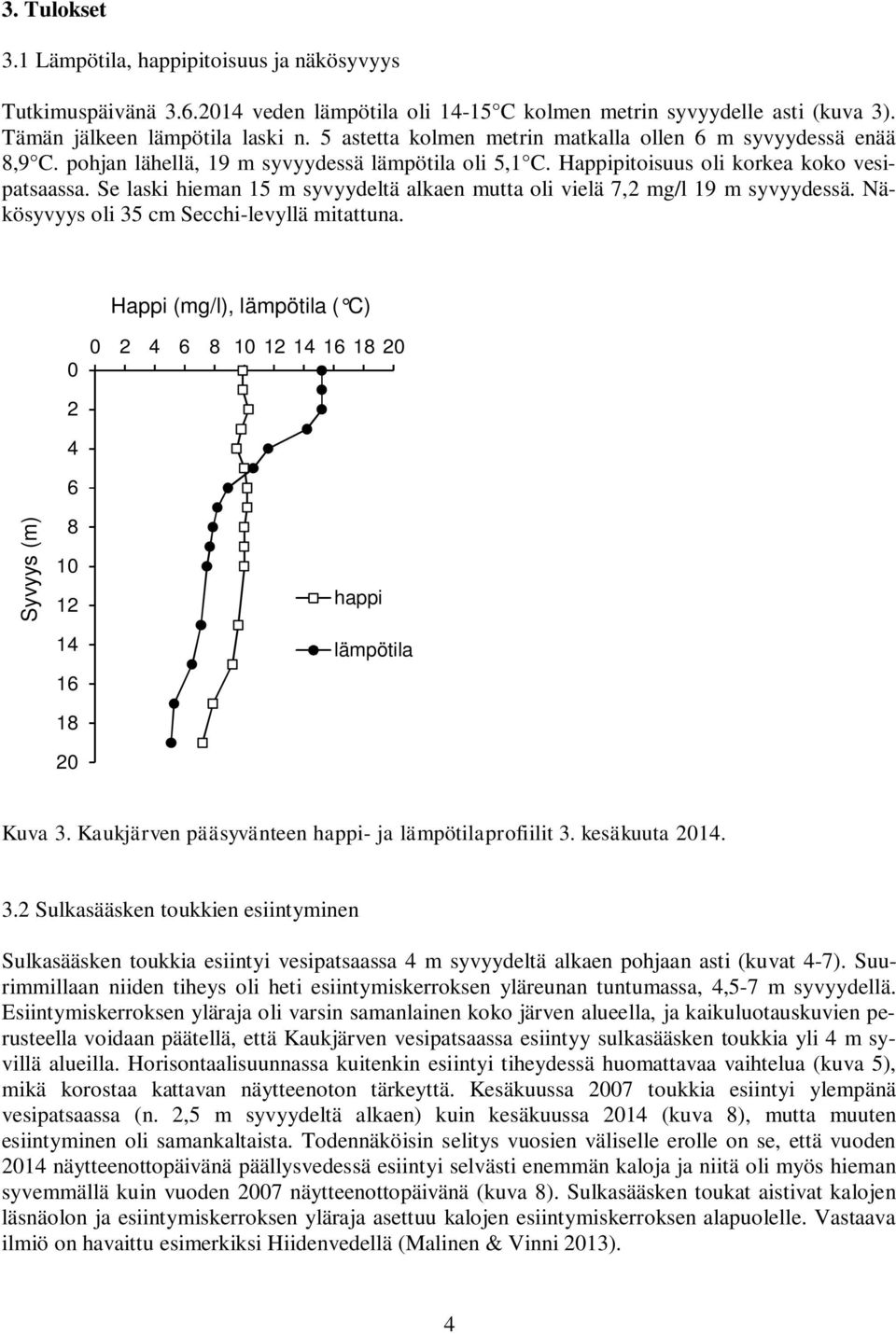 Se laski hieman 1 m syvyydeltä alkaen mutta oli vielä 7,2 mg/l 19 m syvyydessä. Näkösyvyys oli 3 cm Secchi-levyllä mitattuna.