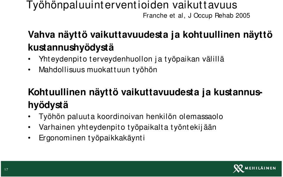 välillä Mahdollisuus muokattuun työhön Kohtuullinen näyttö vaikuttavuudesta ja kustannushyödystä