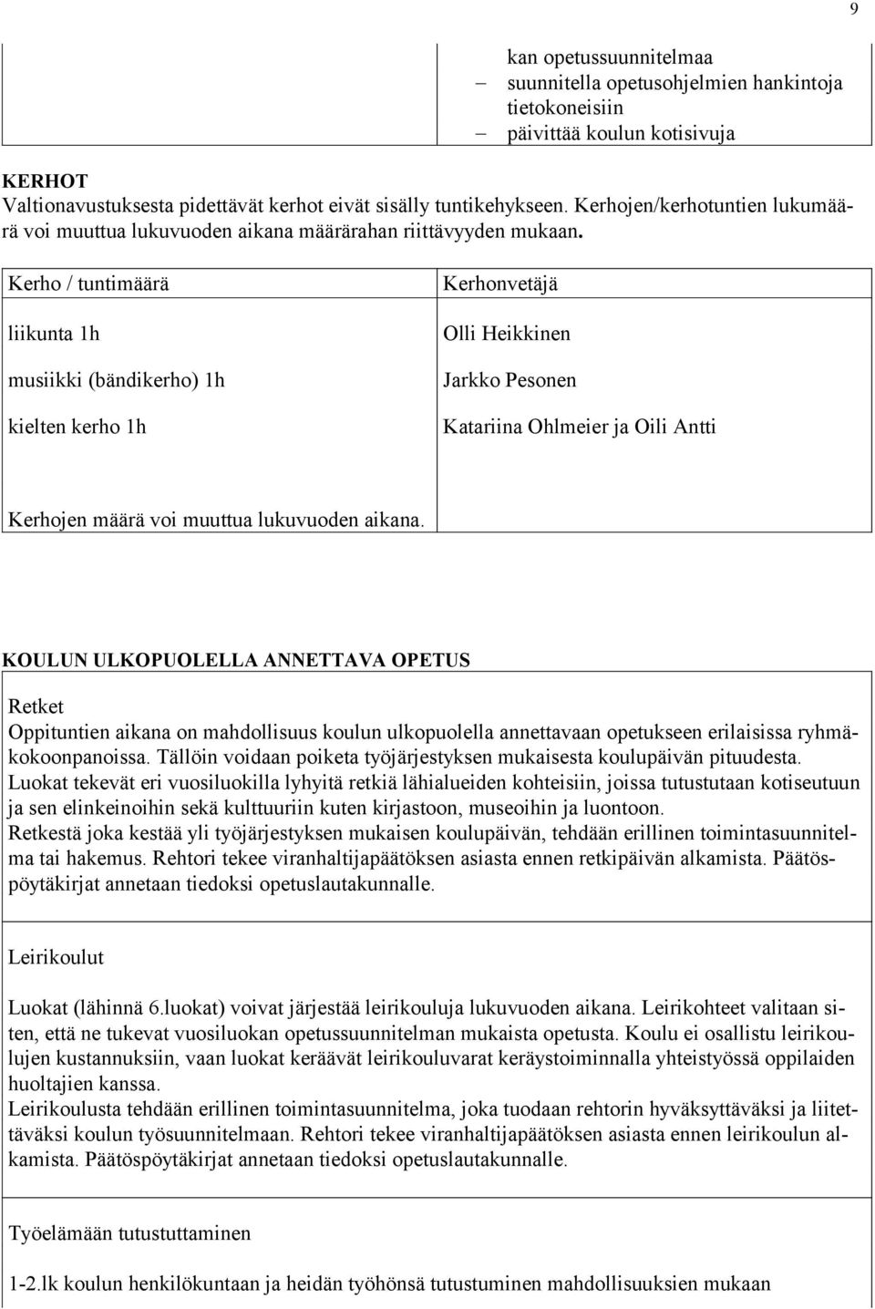 Kerho / tuntimäärä liikunta 1h musiikki (bändikerho) 1h kielten kerho 1h Kerhonvetäjä Olli Heikkinen Jarkko Pesonen Katariina Ohlmeier ja Oili Antti Kerhojen määrä voi muuttua lukuvuoden aikana.