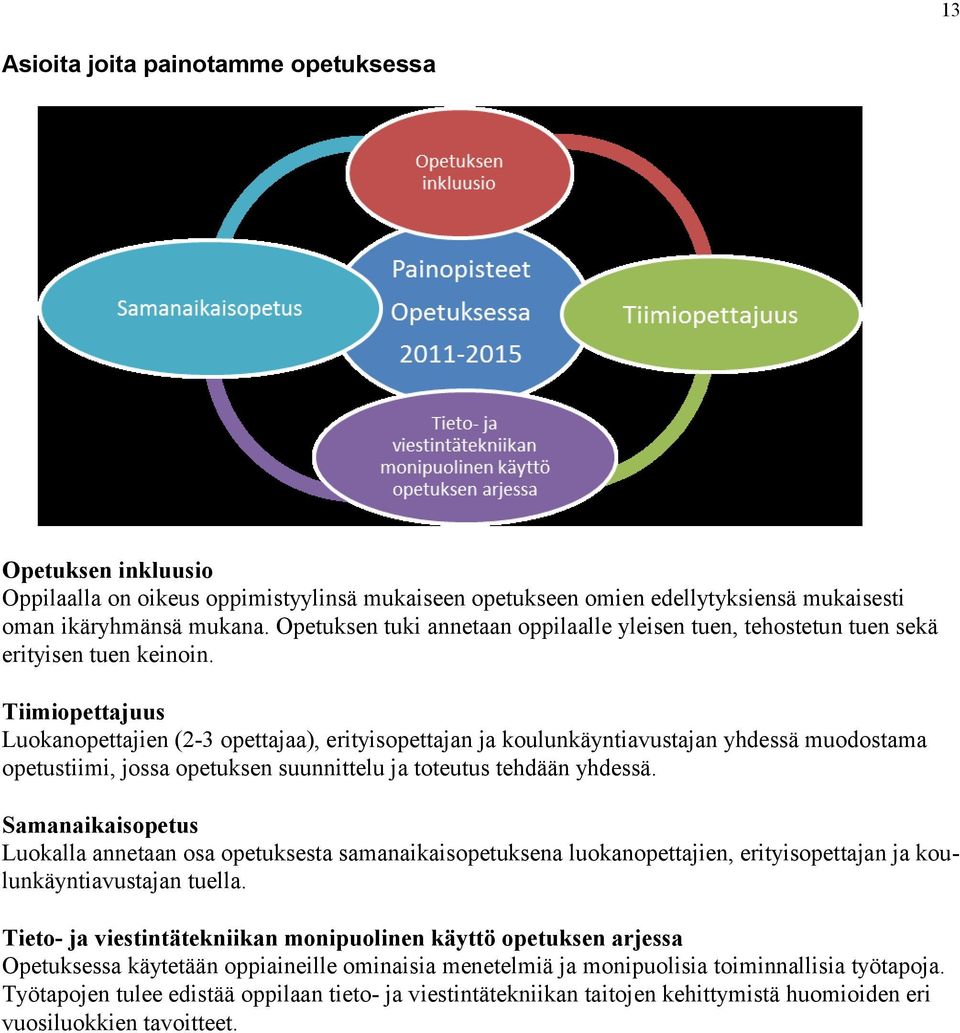 Tiimiopettajuus Luokanopettajien (2-3 opettajaa), erityisopettajan ja koulunkäyntiavustajan yhdessä muodostama opetustiimi, jossa opetuksen suunnittelu ja toteutus tehdään yhdessä.