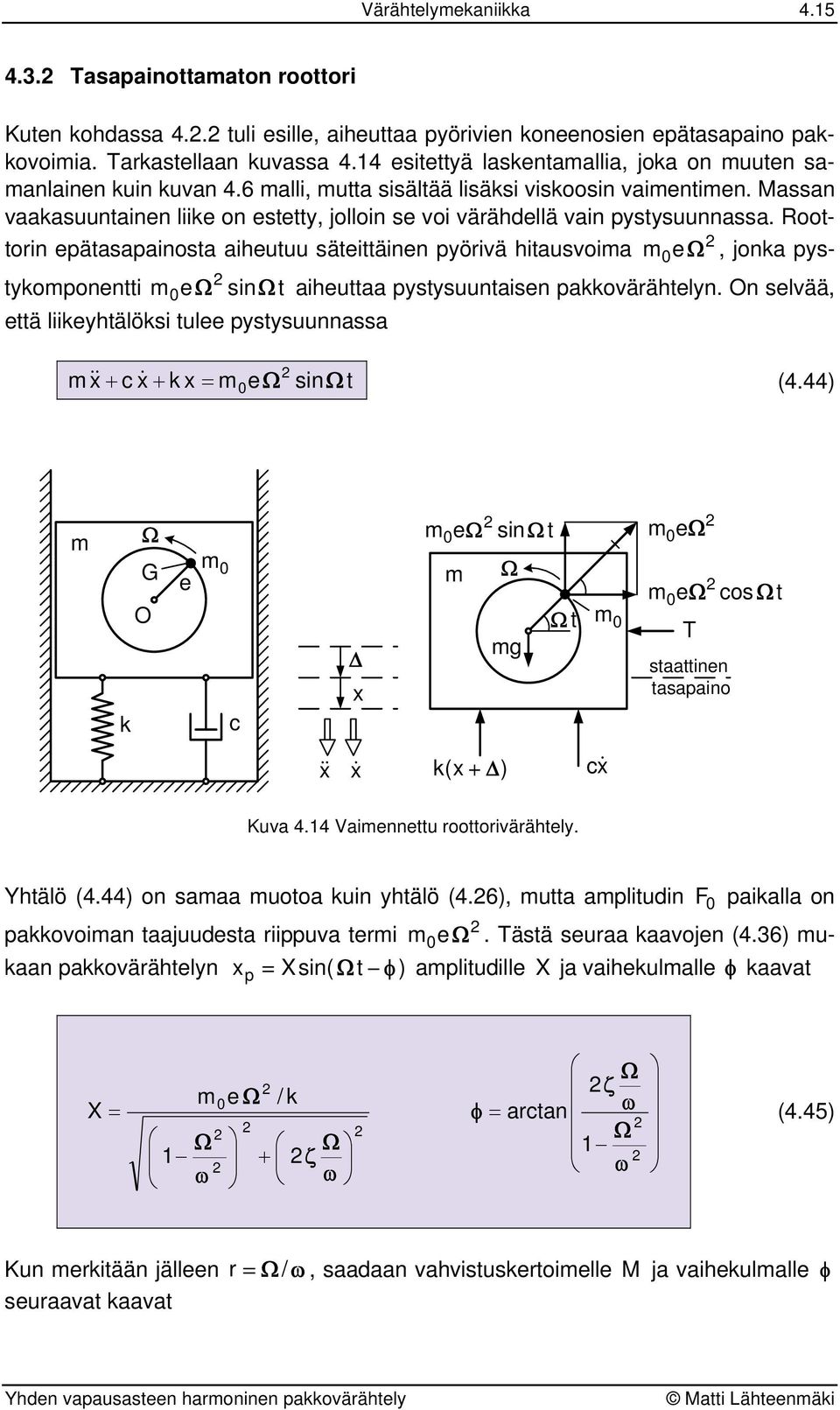 Roooi eäasaaiosa aiheuuu säeiäie yöivä hiausvoia e, joka ys- ykooei e si aiheuaa ysysuuaise akkoväähely. O selvää, eä liikeyhälöksi ulee ysysuuassa & + c & + k = e si (4.