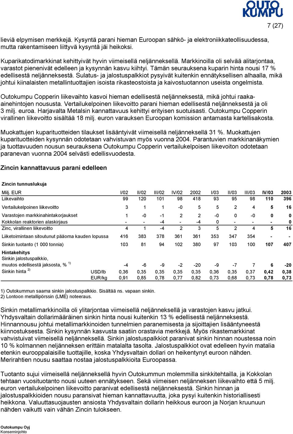 Tämän seurauksena kuparin hinta nousi 17 % edellisestä neljänneksestä.