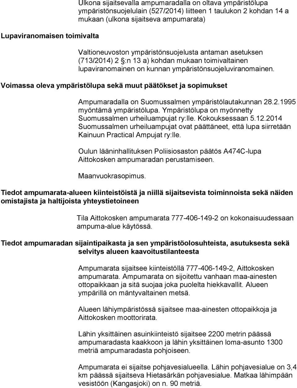 Voimassa oleva ympäristölupa sekä muut päätökset ja sopimukset Ampumaradalla on Suomussalmen ympäristölautakunnan 28.2.1995 myöntämä ympäristölupa.