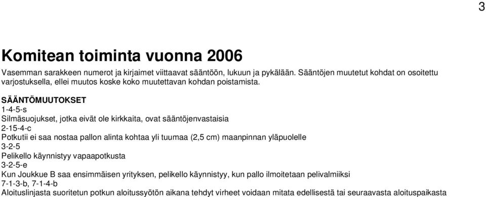 SÄÄNTÖMUUTOKSET 1-4-5-s Silmäsuojukset, jotka eivät ole kirkkaita, ovat sääntöjenvastaisia 2-15-4-c Potkutii ei saa nostaa pallon alinta kohtaa yli tuumaa (2,5 cm) maanpinnan