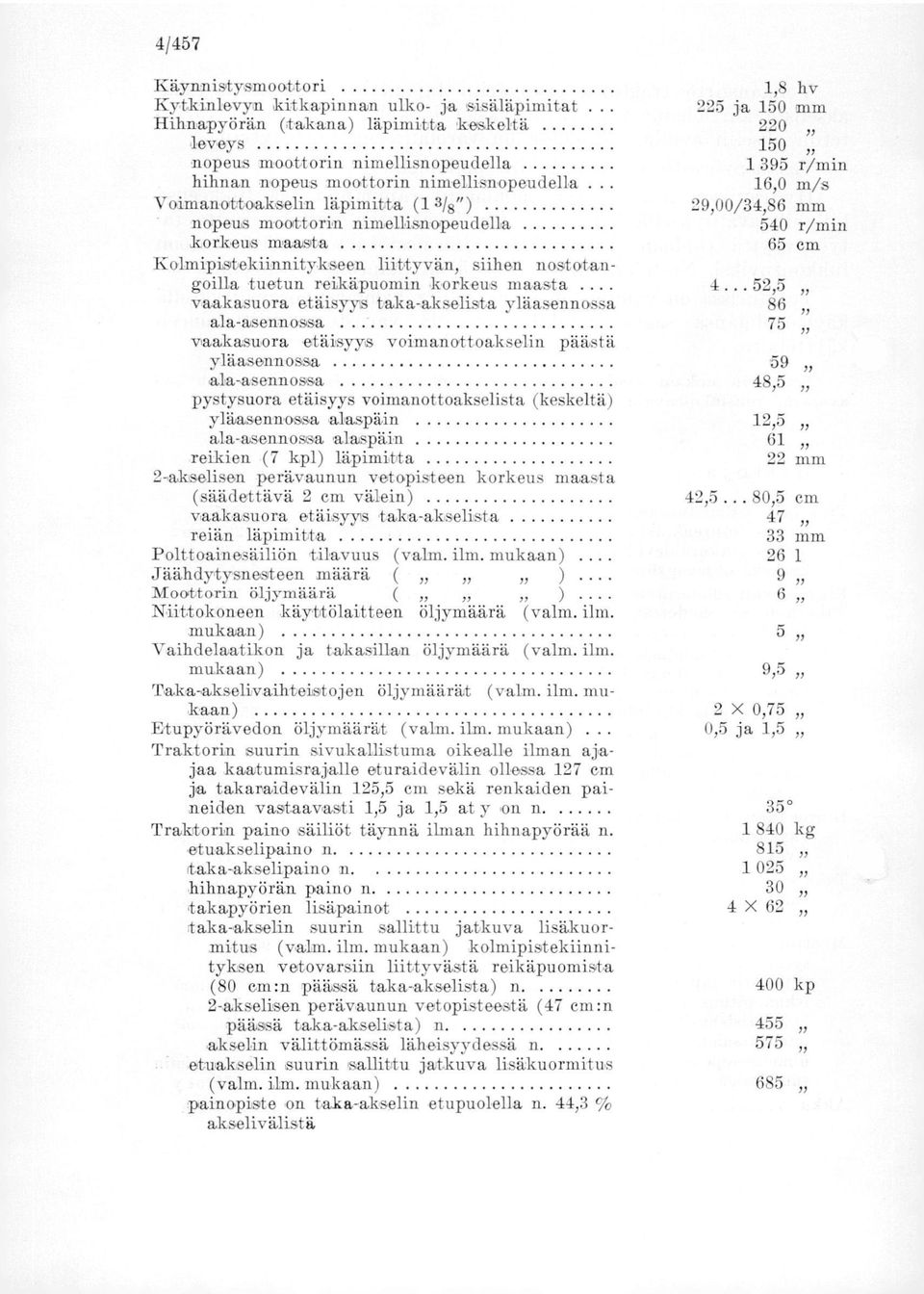 nimellisnopeudella 16,0 m/s Voimanotboakselin läpimitta (1 3/8") 29,00/34,86 mm nopeus moottorin nimellisnopeudella 540 r/min korkeus maasta.