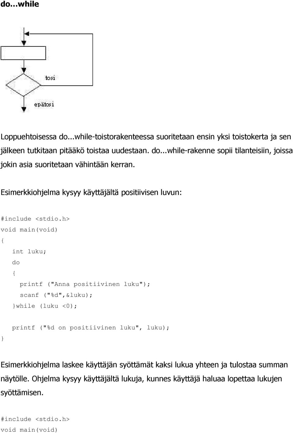("%d on positiivinen luku", luku); Esimerkkiohjelma laskee käyttäjän syöttämät kaksi lukua yhteen ja tulostaa summan näytölle.