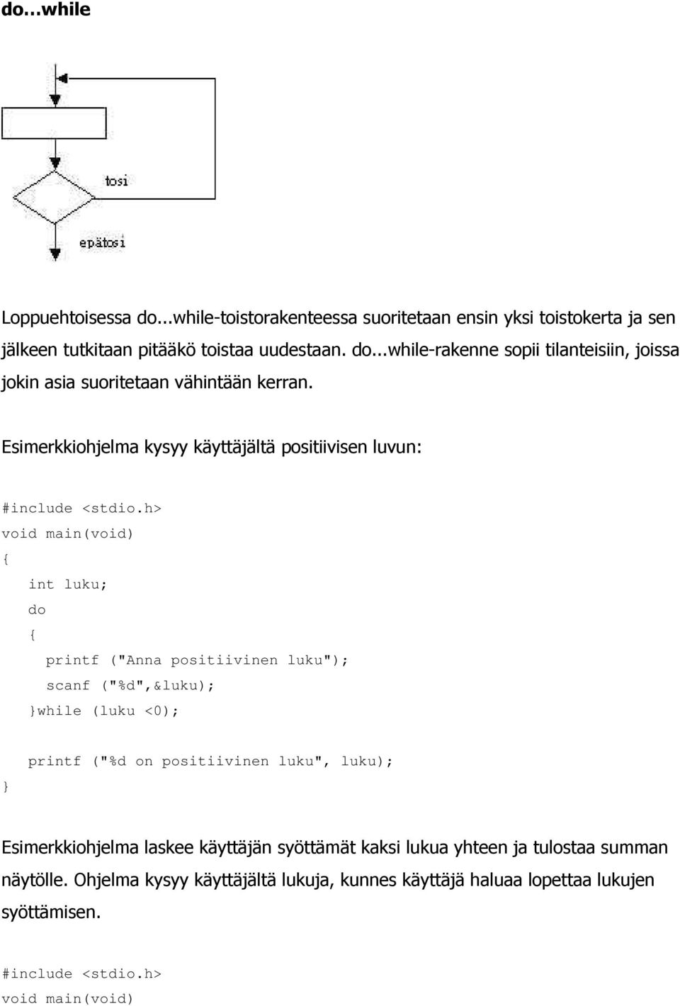 ("%d on positiivinen luku", luku); Esimerkkiohjelma laskee käyttäjän syöttämät kaksi lukua yhteen ja tulostaa summan näytölle.