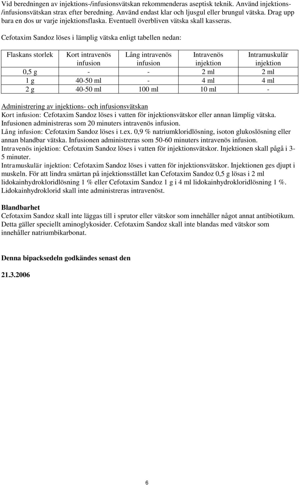 Cefotaxim Sandoz löses i lämplig vätska enligt tabellen nedan: Flaskans storlek Kort intravenös infusion Lång intravenös infusion Intravenös injektion Intramuskulär injektion 0,5 g - - 2 ml 2 ml 1 g