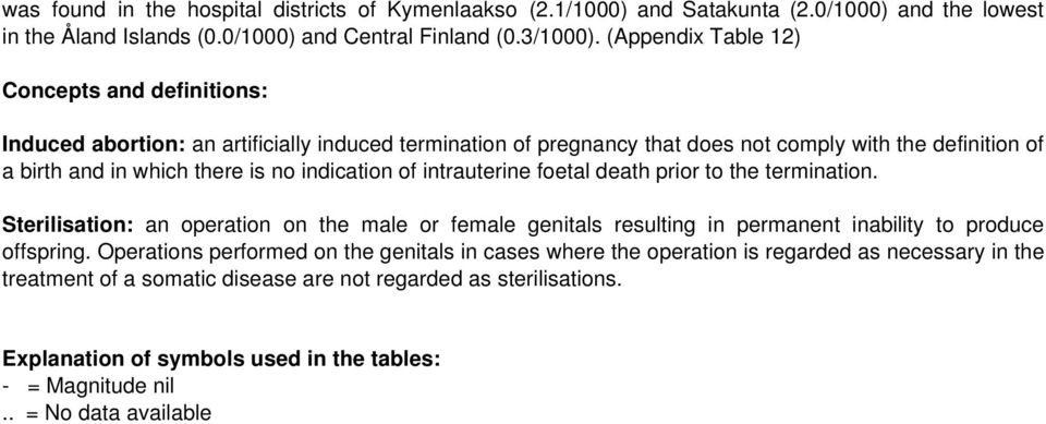 indication of intrauterine foetal death prior to the termination. Sterilisation: an operation on the male or female genitals resulting in permanent inability to produce offspring.
