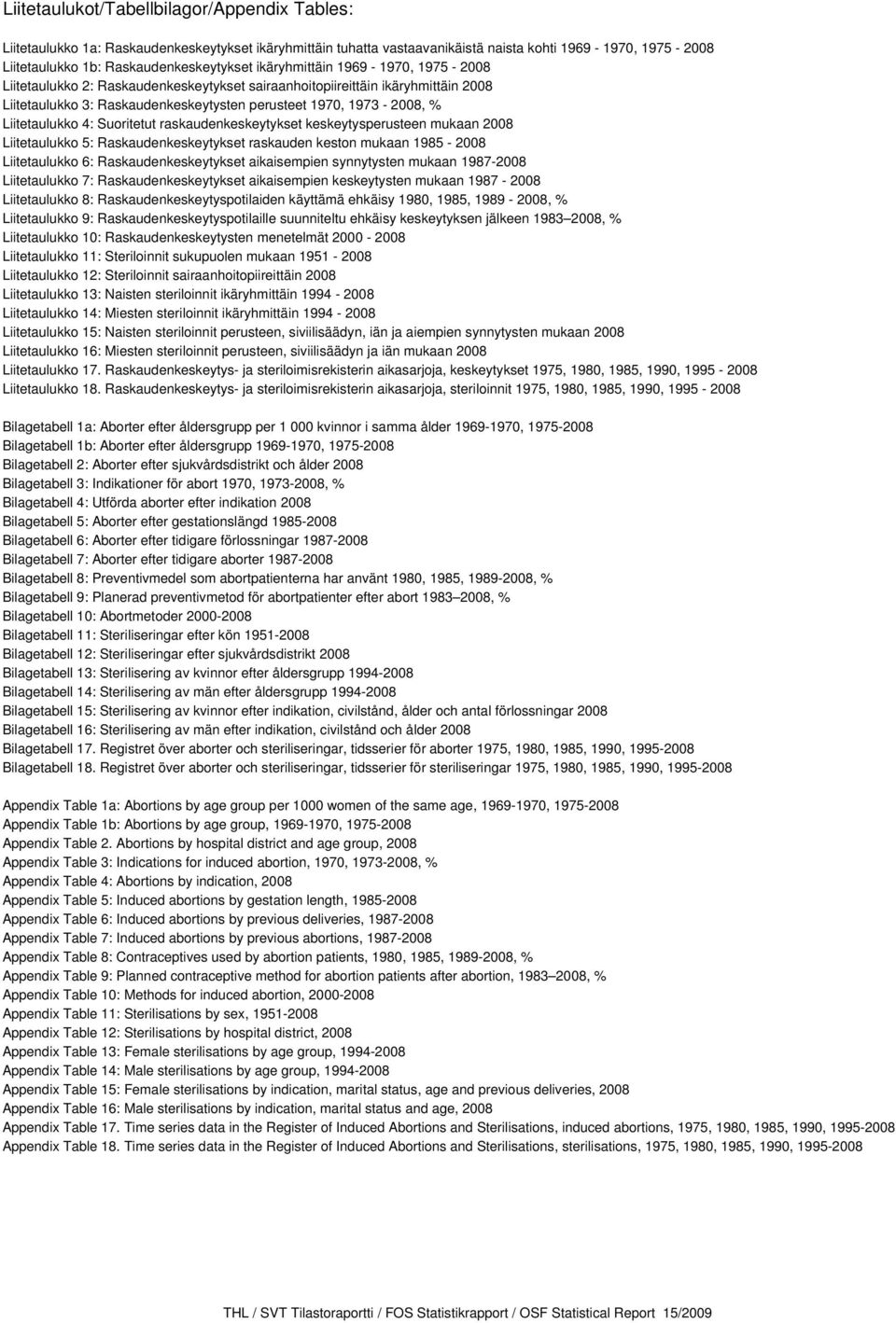 4: Suoritetut raskaudenkeskeytykset keskeytysperusteen mukaan 2008 Liitetaulukko 5: Raskaudenkeskeytykset raskauden keston mukaan 1985-2008 Liitetaulukko 6: Raskaudenkeskeytykset aikaisempien