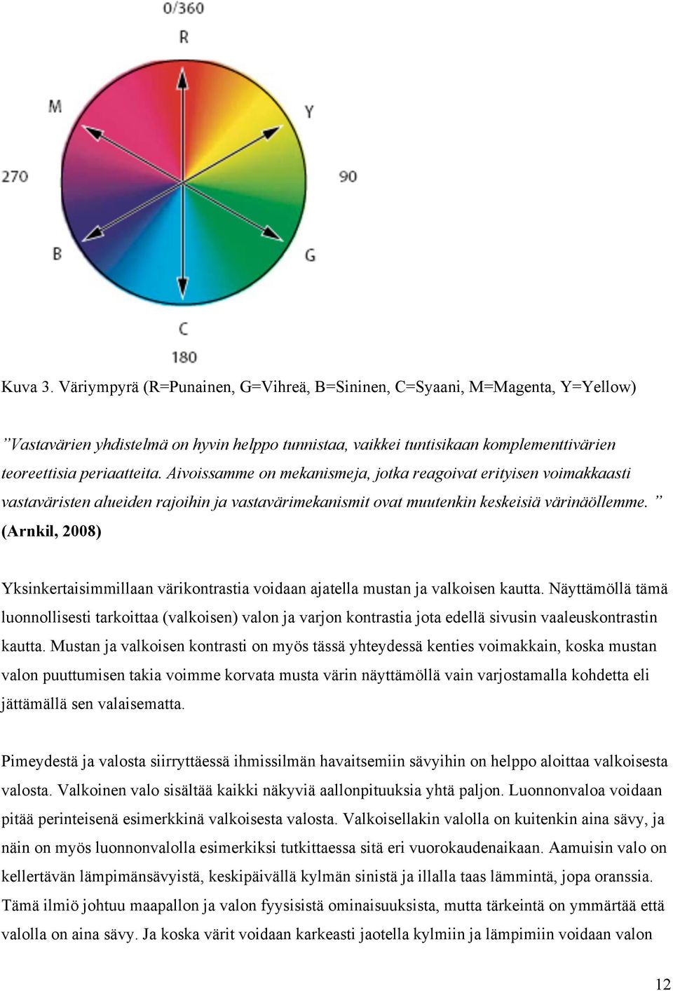 (Arnkil, 2008) Yksinkertaisimmillaan värikontrastia voidaan ajatella mustan ja valkoisen kautta.