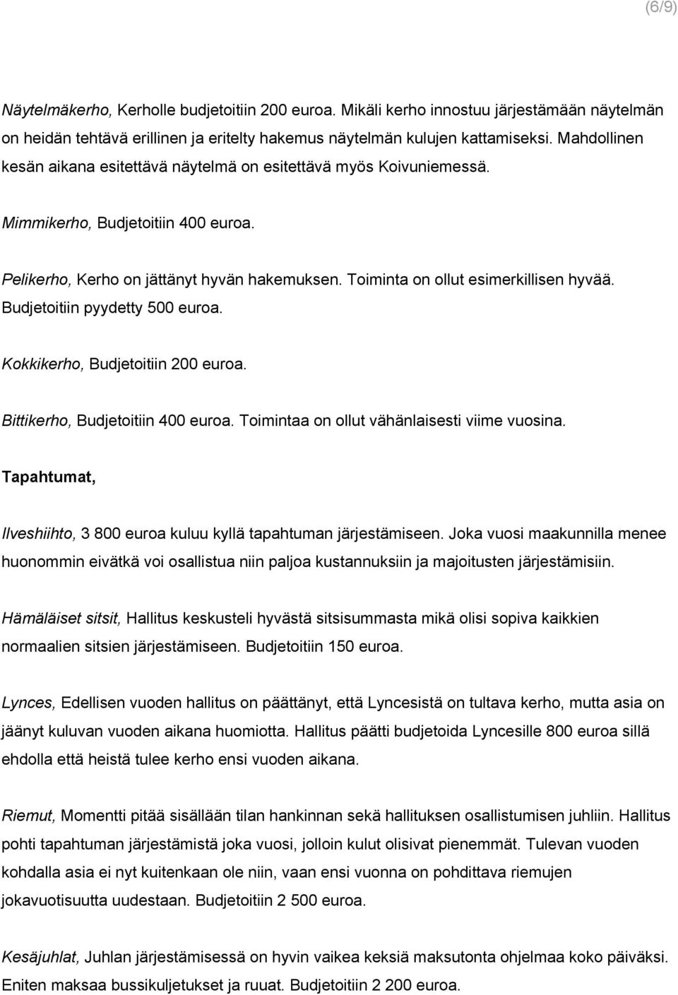 Toiminta on ollut esimerkillisen hyvää. Budjetoitiin pyydetty 500 euroa. Kokkikerho, Budjetoitiin 200 euroa. Bittikerho, Budjetoitiin 400 euroa. Toimintaa on ollut vähänlaisesti viime vuosina.