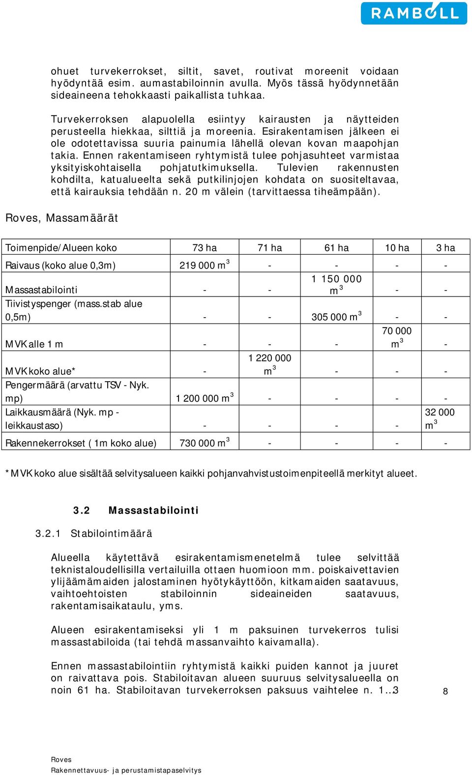 Esirakentamisen jälkeen ei ole odotettavissa suuria painumia lähellä olevan kovan maapohjan takia. Ennen rakentamiseen ryhtymistä tulee pohjasuhteet varmistaa yksityiskohtaisella pohjatutkimuksella.