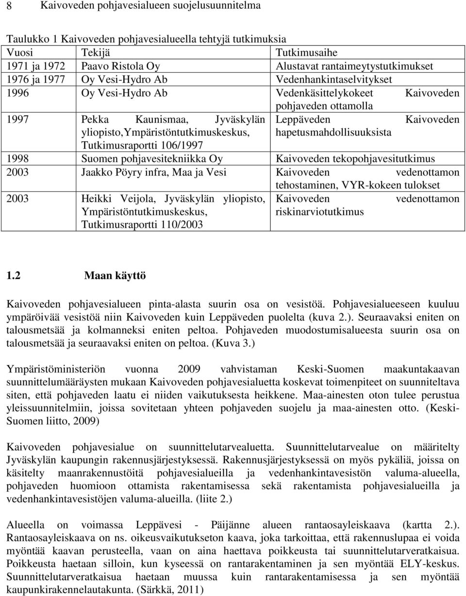 yliopisto,ympäristöntutkimuskeskus, hapetusmahdollisuuksista Tutkimusraportti 106/1997 1998 Suomen pohjavesitekniikka Oy Kaivoveden tekopohjavesitutkimus 2003 Jaakko Pöyry infra, Maa ja Vesi