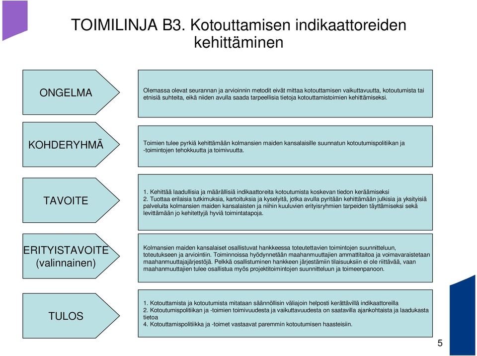 tarpeellisia tietoja kotouttamistoimien kehittämiseksi. Toimien tulee pyrkiä kehittämään kolmansien maiden kansalaisille suunnatun kotoutumispolitiikan ja -toimintojen tehokkuutta ja toimivuutta. 1.