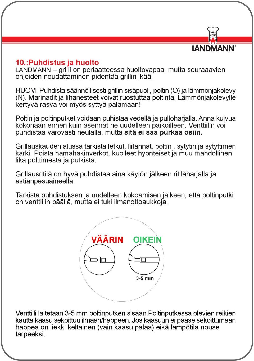 Poltin ja poltinputket voidaan puhistaa vedellä ja pulloharjalla. Anna kuivua kokonaan ennen kuin asennat ne uudelleen paikoilleen.