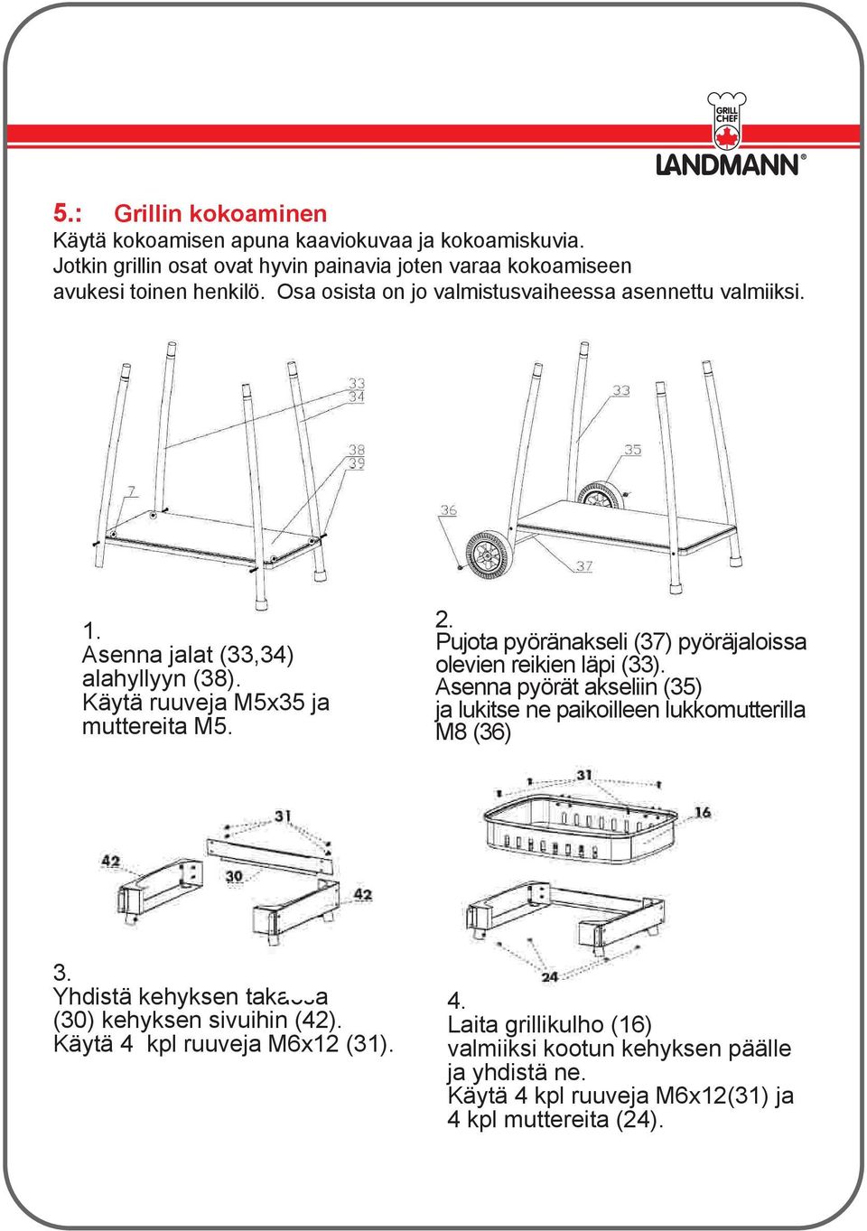 Pujota pyöränakseli (37) pyöräjaloissa olevien reikien läpi (33). Asenna pyörät akseliin (35) ja lukitse ne paikoilleen lukkomutterilla M8 (36) 3.