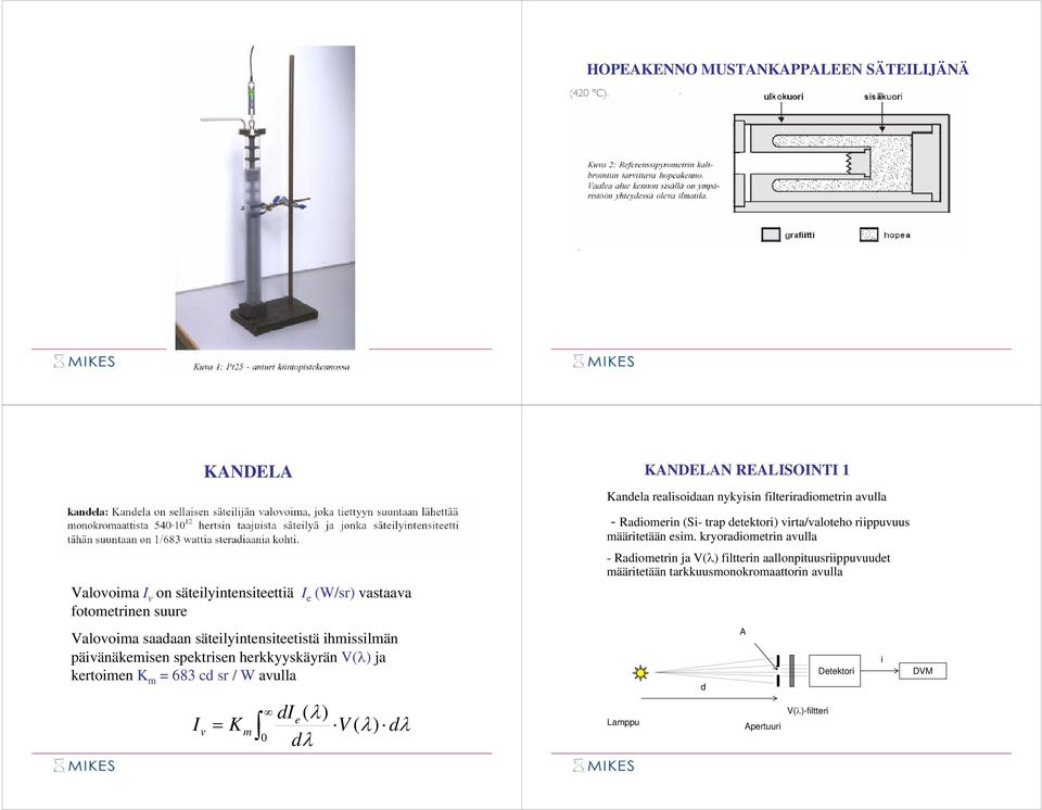 KANDELAN REALISOINTI 1 Kandela realisoidaan nykyisin filteriradiometrin avulla - Radiomerin (Si- trap detektori) virta/valoteho riippuvuus määritetään esim.
