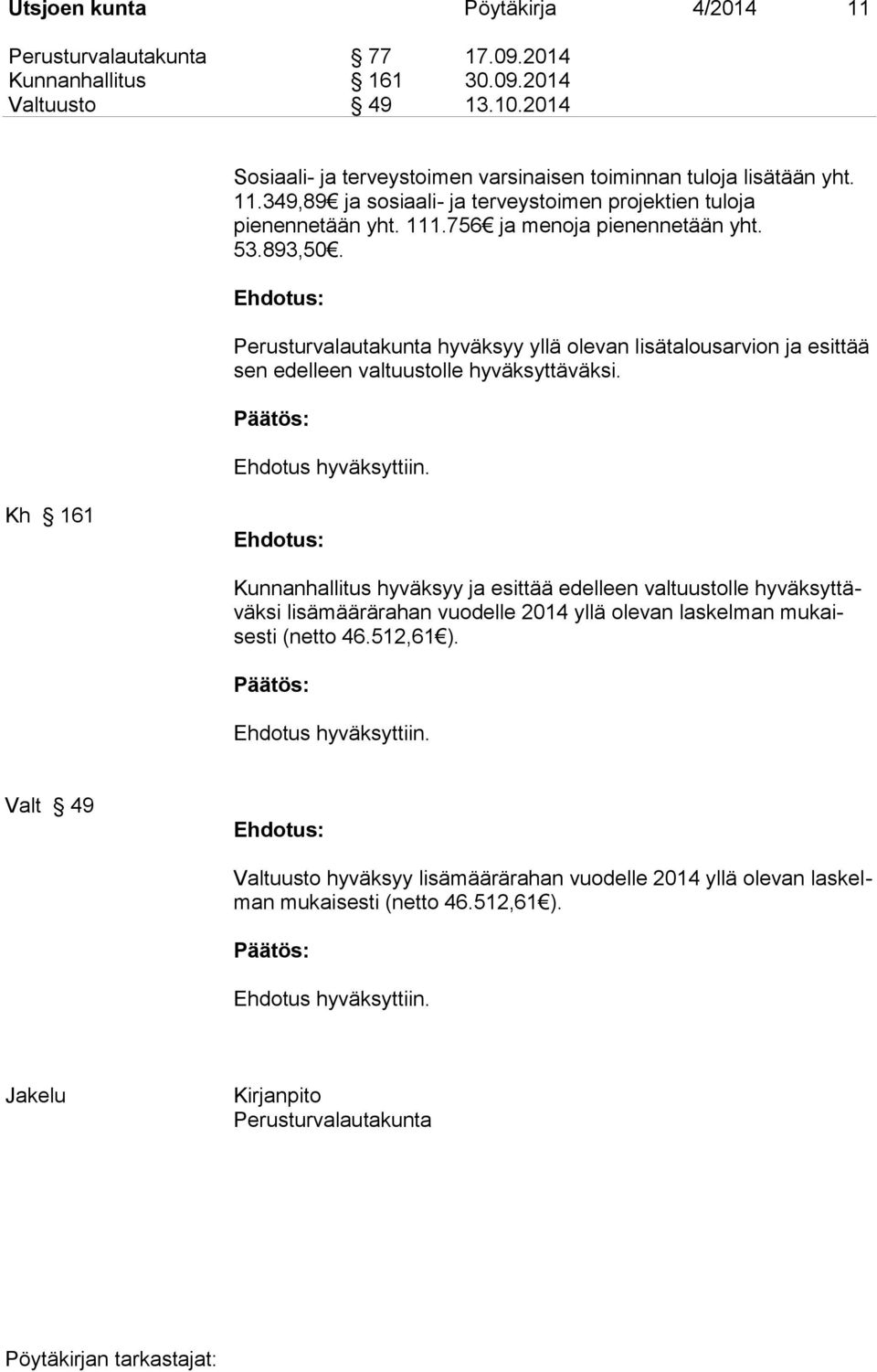 756 ja menoja pienennetään yht. 53.893,50. Perusturvalautakunta hyväksyy yllä olevan lisätalousarvion ja esittää sen edelleen valtuustolle hyväksyttäväksi.