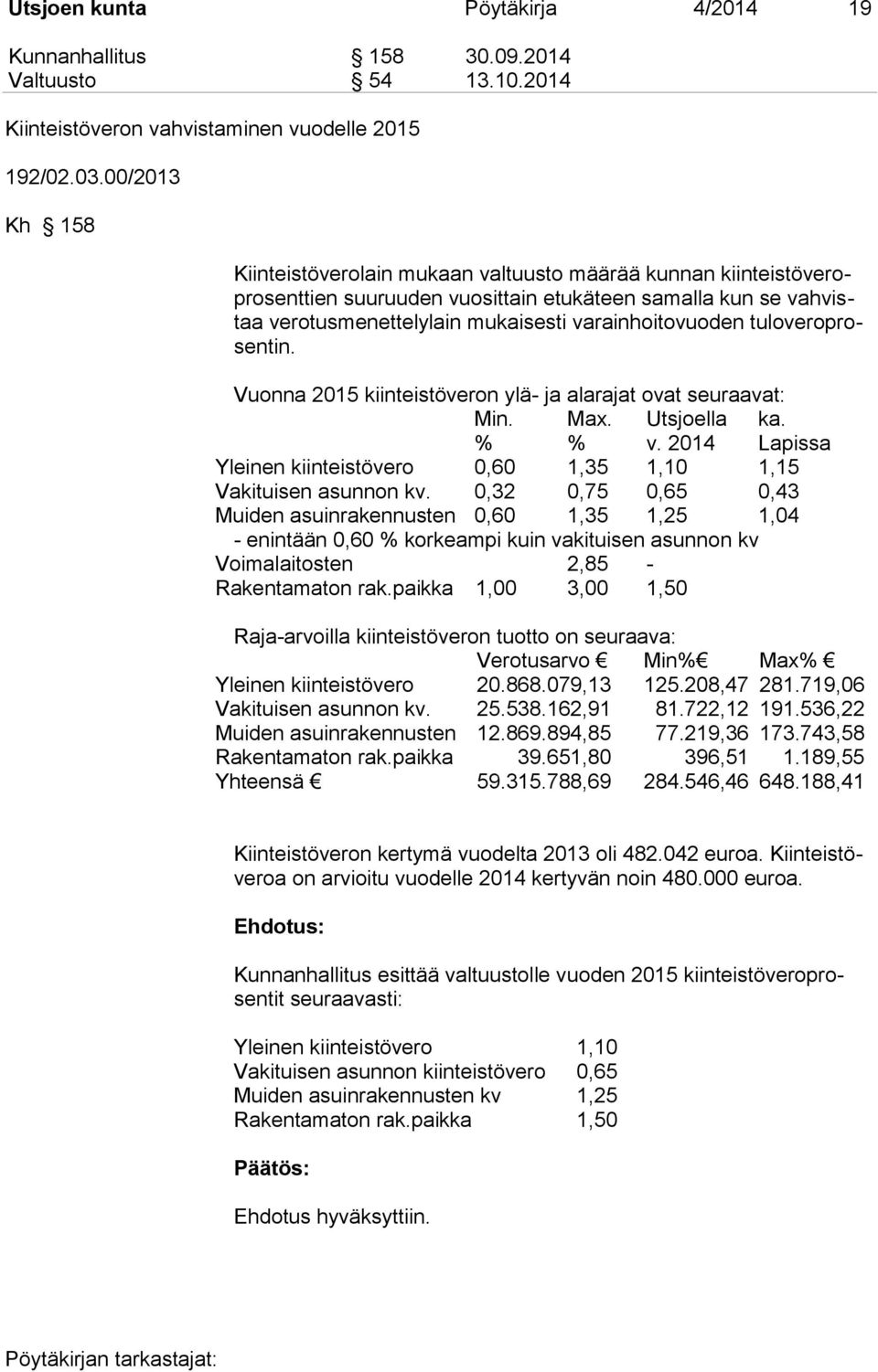 tuloveroprosentin. Vuonna 2015 kiinteistöveron ylä- ja alarajat ovat seuraavat: Min. Max. Utsjoella ka. % % v. 2014 Lapissa Yleinen kiinteistövero 0,60 1,35 1,10 1,15 Vakituisen asunnon kv.