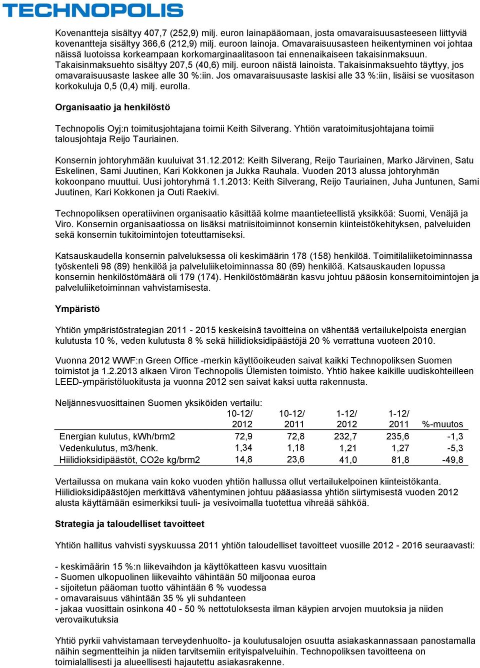 euroon näistä lainoista. Takaisinmaksuehto täyttyy, jos omavaraisuusaste laskee alle 30 %:iin. Jos omavaraisuusaste laskisi alle 33 %:iin, lisäisi se vuositason korkokuluja 0,5 (0,4) milj. eurolla.