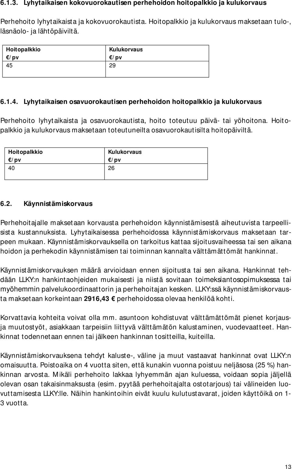 Hoitopalkkio ja kulukorvaus maksetaan toteutuneilta osavuorokautisilta hoitopäiviltä. Hoitopalkkio Kulukorvaus /pv /pv 40 26