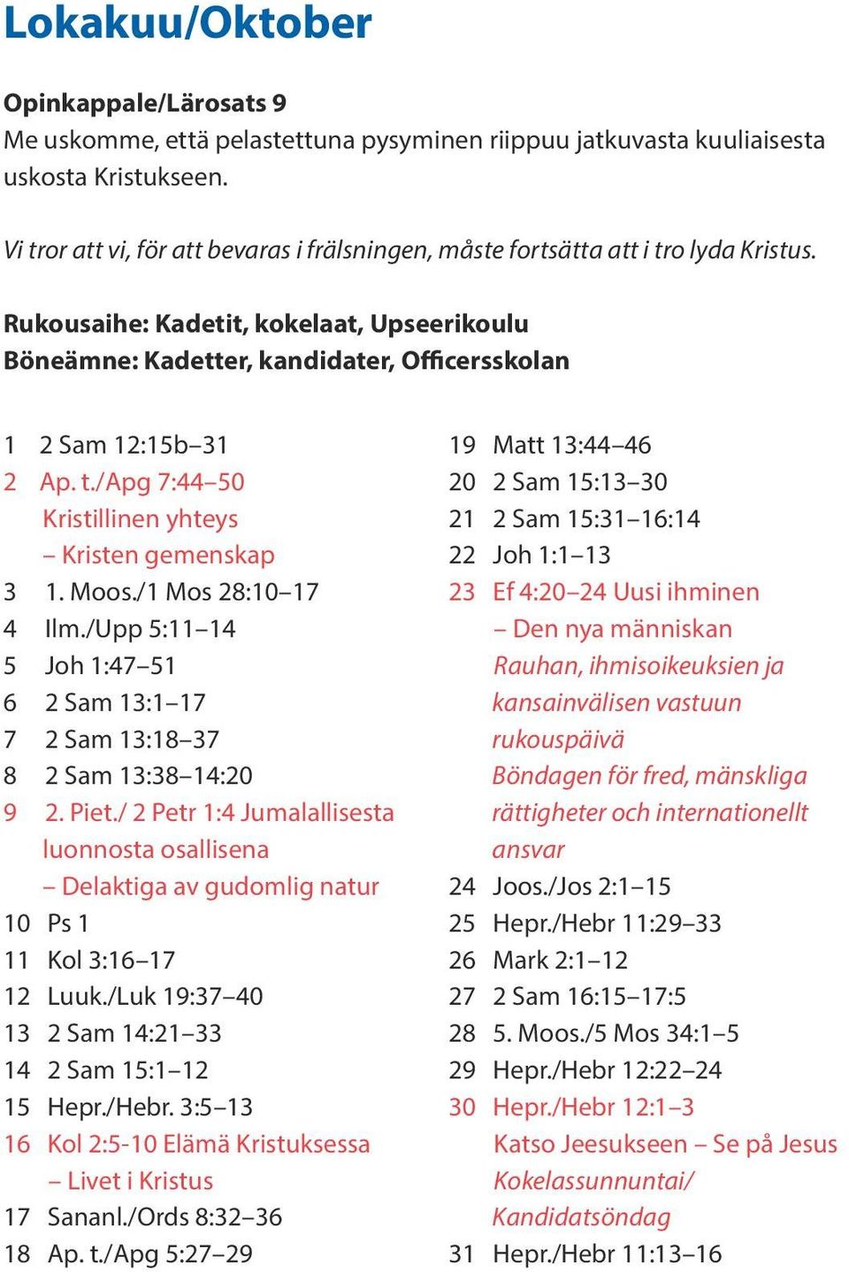 Rukousaihe: Kadetit, kokelaat, Upseerikoulu Böneämne: Kadetter, kandidater, Officersskolan 1 2 Sam 12:15b 31 2 Ap. t./apg 7:44 50 Kristillinen yhteys Kristen gemenskap 3 1. Moos./1 Mos 28:10 17 4 Ilm.