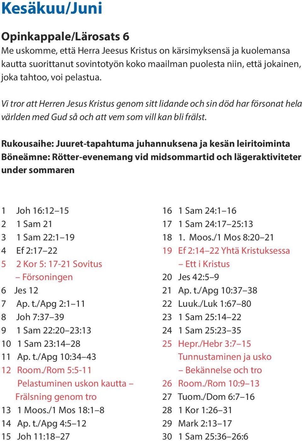 Rukousaihe: Juuret-tapahtuma juhannuksena ja kesän leiritoiminta Böneämne: Rötter-evenemang vid midsommartid och lägeraktiviteter under sommaren 1 Joh 16:12 15 2 1 Sam 21 3 1 Sam 22:1 19 4 Ef 2:17 22