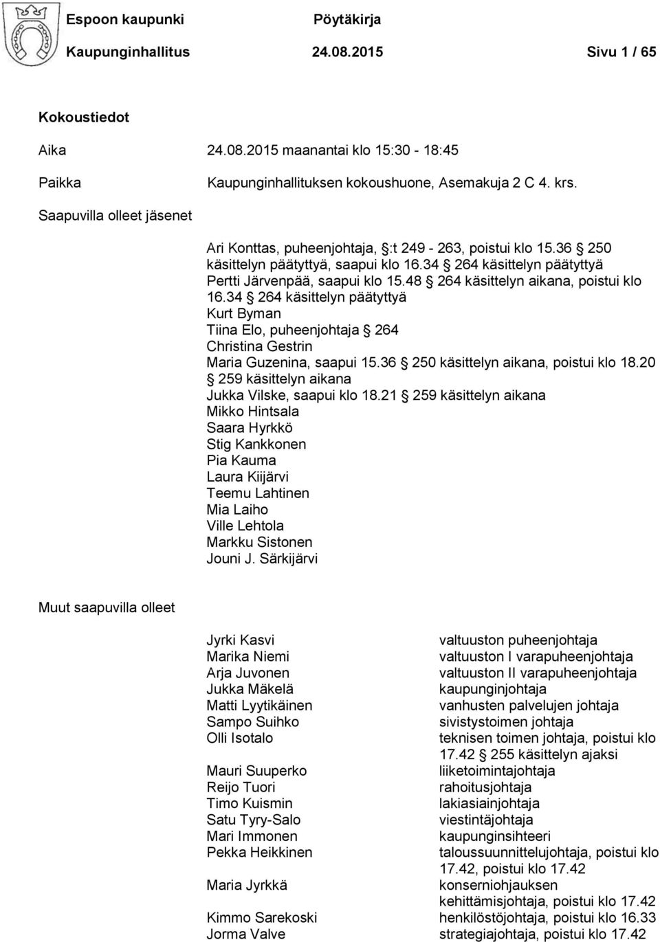 48 264 käsittelyn aikana, poistui klo 16.34 264 käsittelyn päätyttyä Kurt Byman Tiina Elo, puheenjohtaja 264 Christina Gestrin Maria Guzenina, saapui 15.36 250 käsittelyn aikana, poistui klo 18.