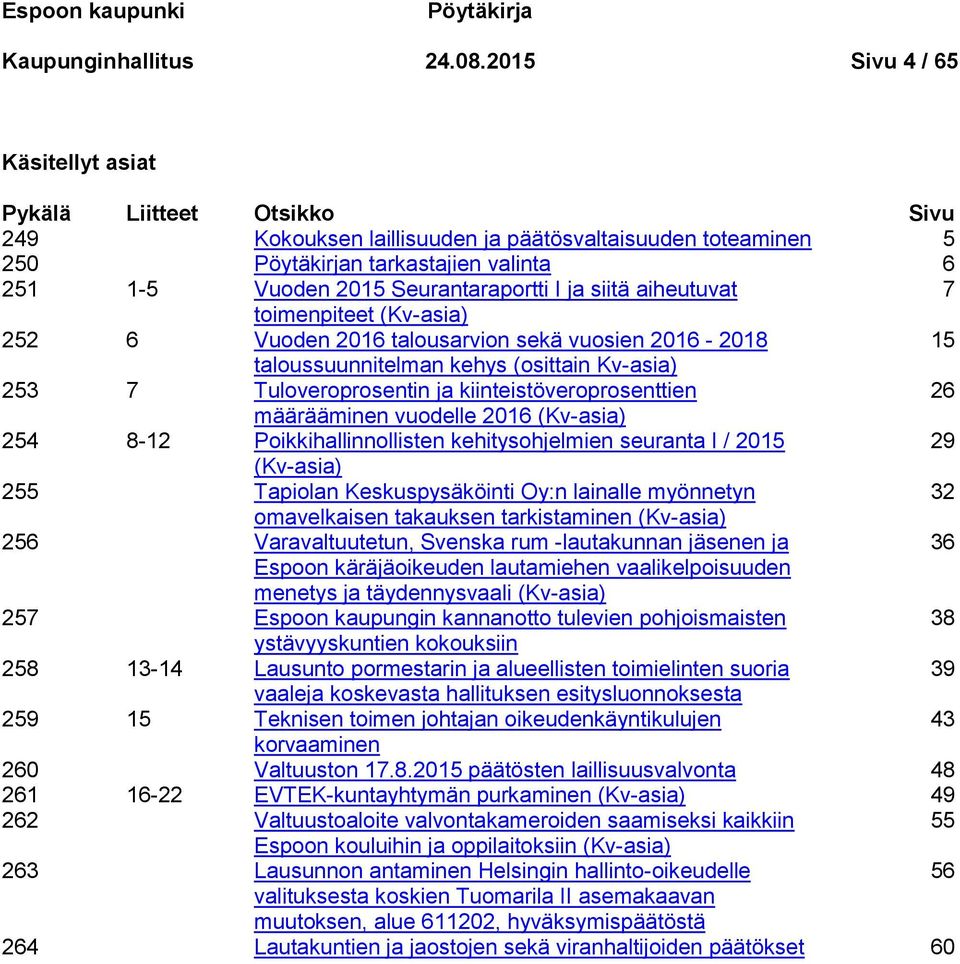 Seurantaraportti I ja siitä aiheutuvat 7 toimenpiteet (Kv-asia) 252 6 Vuoden 2016 talousarvion sekä vuosien 2016-2018 15 taloussuunnitelman kehys (osittain Kv-asia) 253 7 Tuloveroprosentin ja
