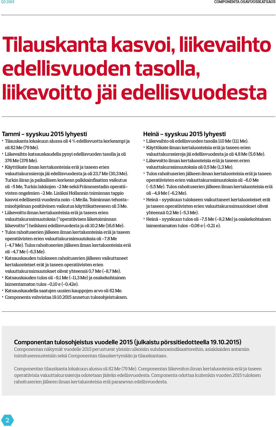 Käyttökate ilman kertaluonteisia eriä ja taseen erien valuuttakurssieroja jäi edellisvuodesta ja oli 23,7 Me (30,3 Me).