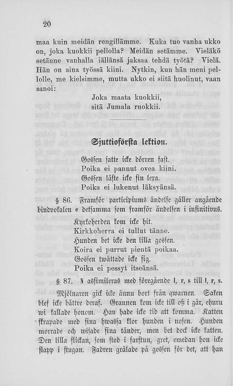 Poika ei pannut ovea kiini. Gossen liiste icke sin lexa. Poika ei lukenut läksyänsä. 86. Framför participmmß ändelse gäller angäende bindvokalen e detsamma som framför ändelsen i insinitivus.