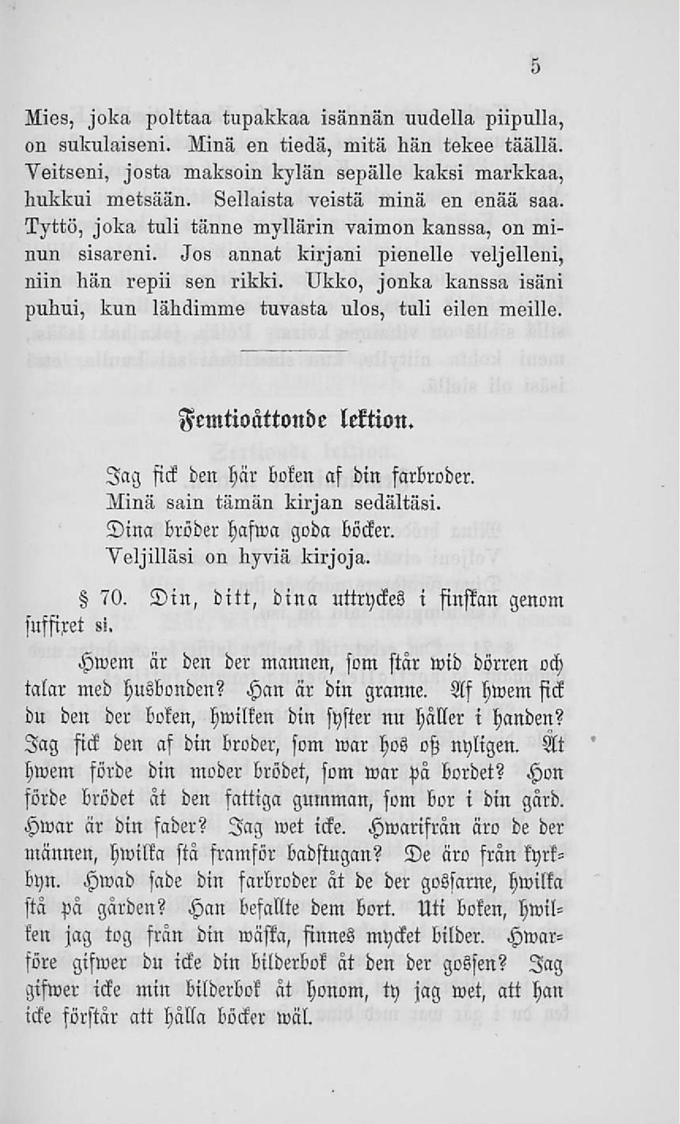 Ukko, jonka kanssa isäni puhui, kun lähdimme tuvasta ulos, tuli eilen meille. 5 Femtioätwnde lektion. lag fick den Här boken af din farbroder. Minä sain tämän kirjan sedältäsi.