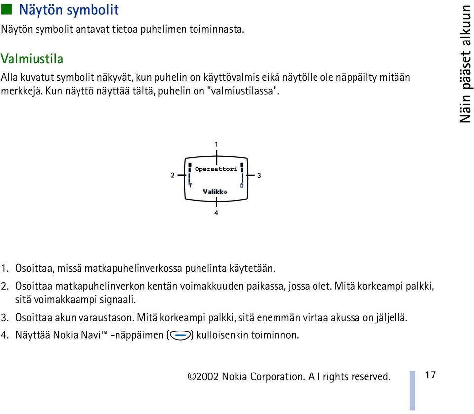 Kun näyttö näyttää tältä, puhelin on "valmiustilassa". Näin pääset alkuun 1. Osoittaa, missä matkapuhelinverkossa puhelinta käytetään. 2.