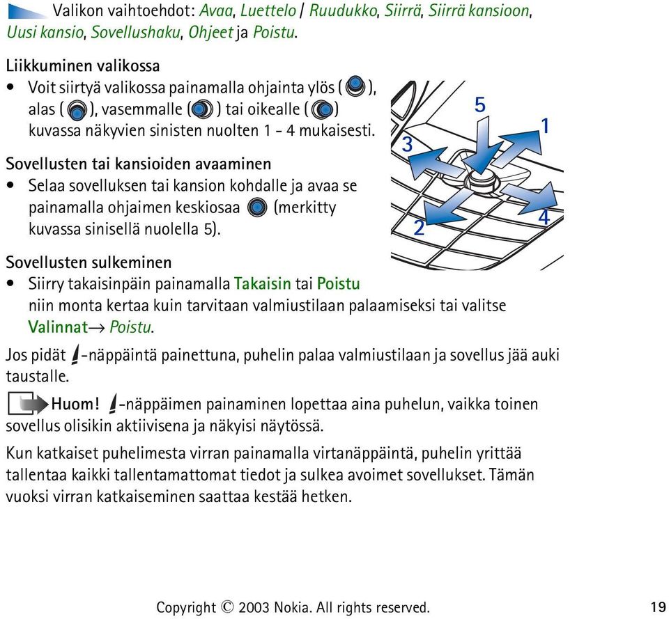 Sovellusten tai kansioiden avaaminen Selaa sovelluksen tai kansion kohdalle ja avaa se painamalla ohjaimen keskiosaa (merkitty kuvassa sinisellä nuolella 5).