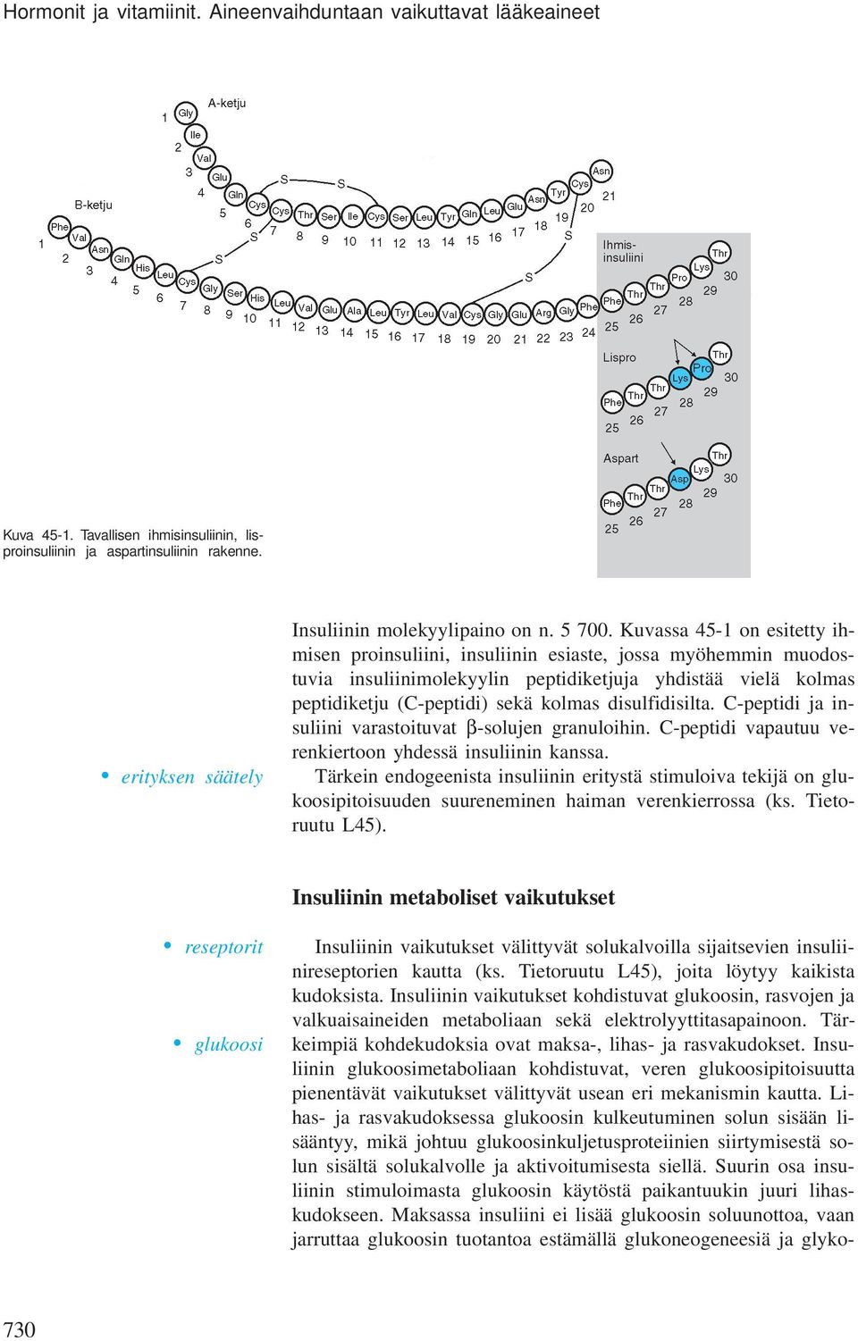 Kuvassa 45-1 on esitetty ihmisen proinsuliini, insuliinin esiaste, jossa myöhemmin muodostuvia insuliinimolekyylin peptidiketjuja yhdistää vielä kolmas peptidiketju (C-peptidi) sekä kolmas