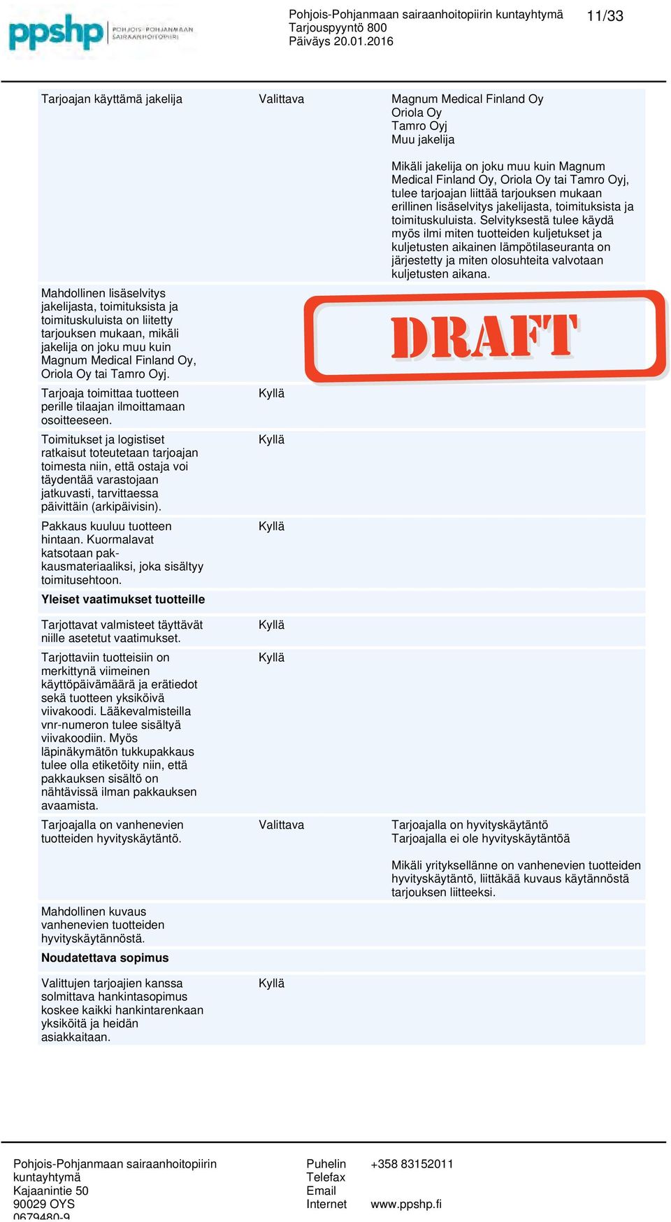 Toimitukset ja logistiset ratkaisut toteutetaan tarjoajan toimesta niin, että ostaja voi täydentää varastojaan jatkuvasti, tarvittaessa päivittäin (arkipäivisin). Pakkaus kuuluu tuotteen hintaan.