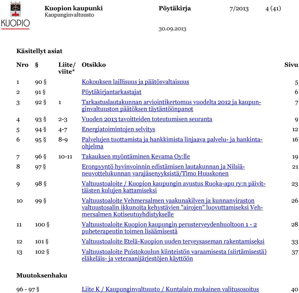 tuottamista ja hankkimista linjaava palvelu- ja hankintaohjelma 7 96 10-11 Takauksen myöntäminen Kevama Oy:lle 19 8 97 Eronpyyntö hyvinvoinnin edistämisen lautakunnan ja Nilsiäneuvottelukunnan