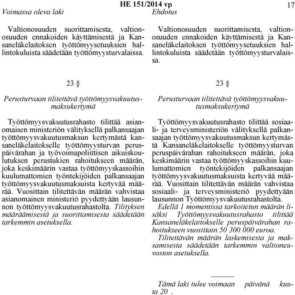 23 Perusturvaan tilitettävä työttömyysvakuutusmaksukertymä Työttömyysvakuutusrahasto tilittää asianomaisen ministeriön välityksellä palkansaajan työttömyysvakuutusmaksun kertymästä